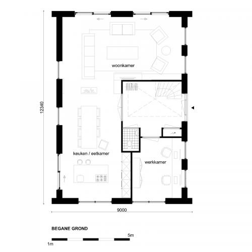 Standaard woning afmeting 9x12,34 meter inhoud 786 m3 (Casco)