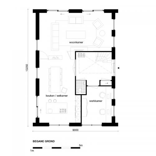 Middelgrote woning afmeting 9x13,25 meter inhoud 844 m3 (Casco)