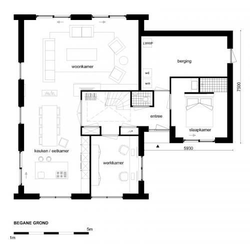 Bijgebouw aan de woning 5,93x7,5 meter extra inhoud 185 m3 (Casco)