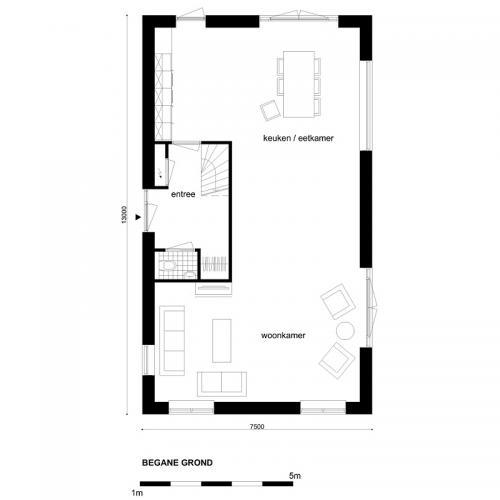 Standaard woning afmeting 7,5x13 meter inhoud 695 m3 (Casco)