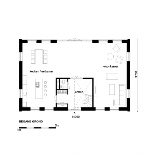 Middelgrote woning afmeting 14,96x9,78 meter inhoud 982 m3 (Afbouw)